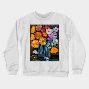 Some abstract vibrant colorful flowers in a glass vase  . Crewneck Sweatshirt